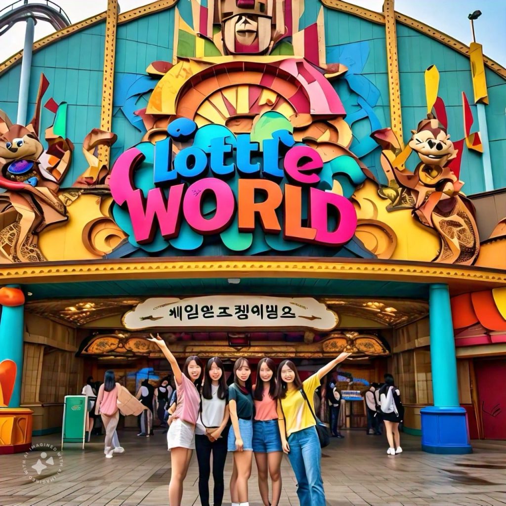 Lotte World photo with 5 girls at the front of the sign